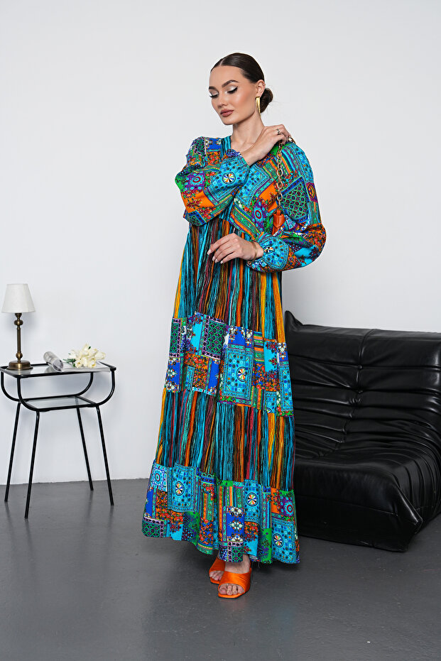 Rochie cu mânecă lungă, tip patchwork, lungime completă - 4