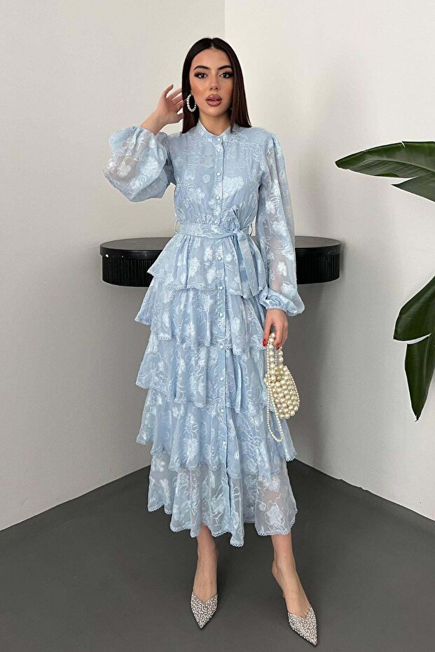 Women's Embroidered Jacquard Fabric Layered Flounce Belted Midi Dress