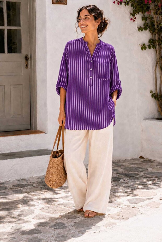 Women's Striped Button Detailed Oversize Three Quarter Sleeve Italian Blouse