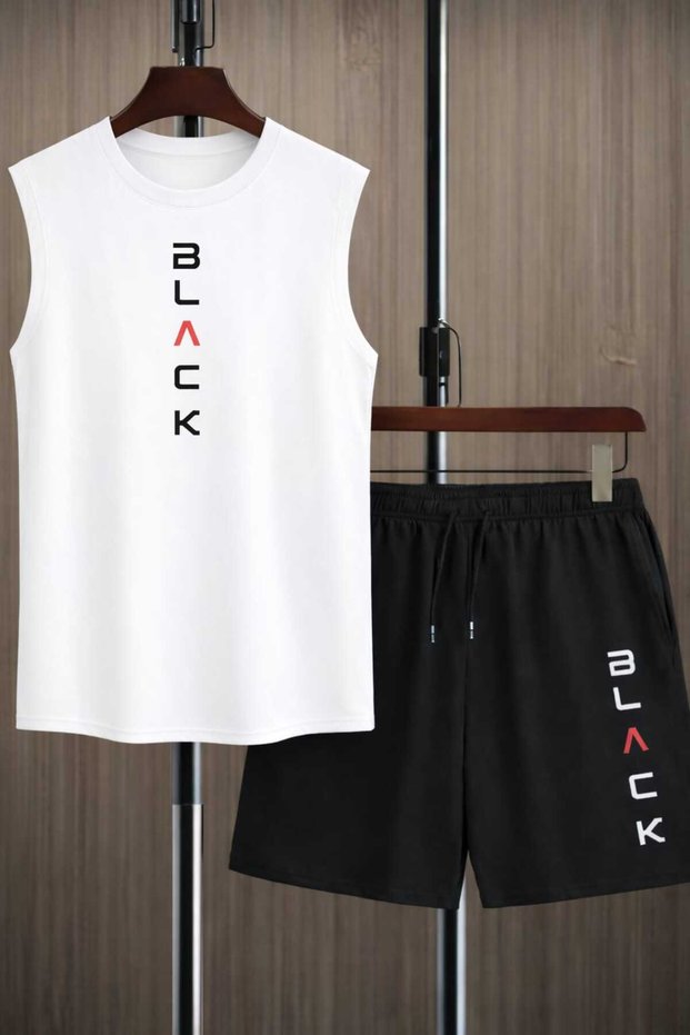 Men's 2-Piece Set with Pockets Shorts and Undershirt - Double Black and White Black Printed Summer Casual Sports Shorts with Pockets