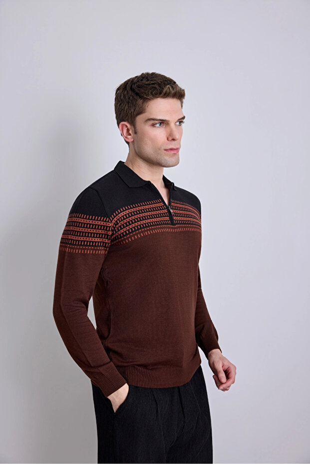 Patterned Polo Collar Zippered Knitwear