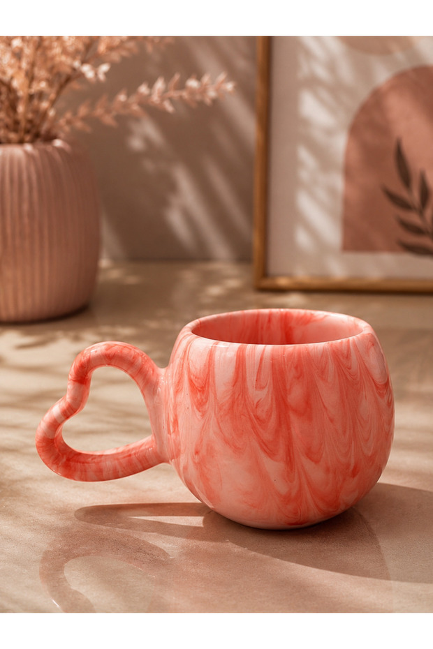 Heart Handle Orange Marble Patterned Completely Handmade Ceramic Mug