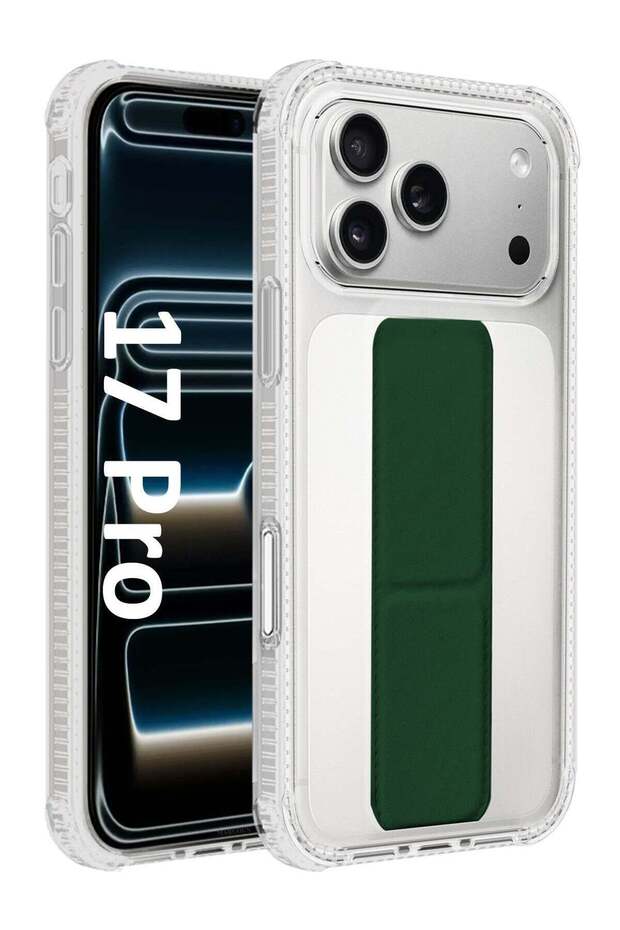 Finger Grip Clear Case Cover for iPhone 17 Pro- Kickstand Car Magnetic Holder Multi-function Protective Two-in-one Case - Dark Green-1