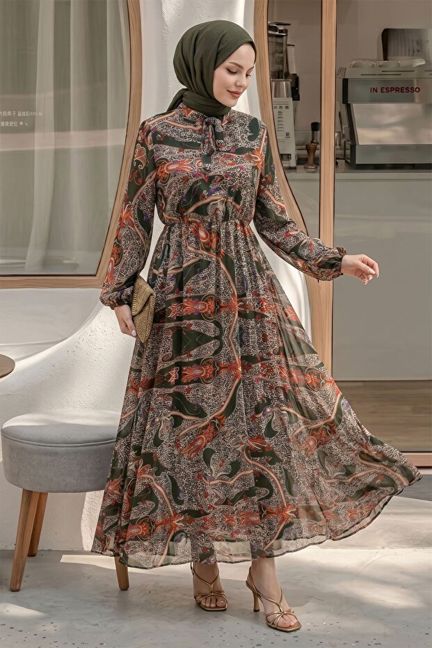 Shawl Pattern Pleated Khaki Chiffon Dress