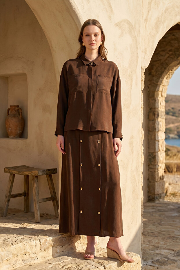 Tunic Skirt Gold Stone Detailed Set 1087 Brown