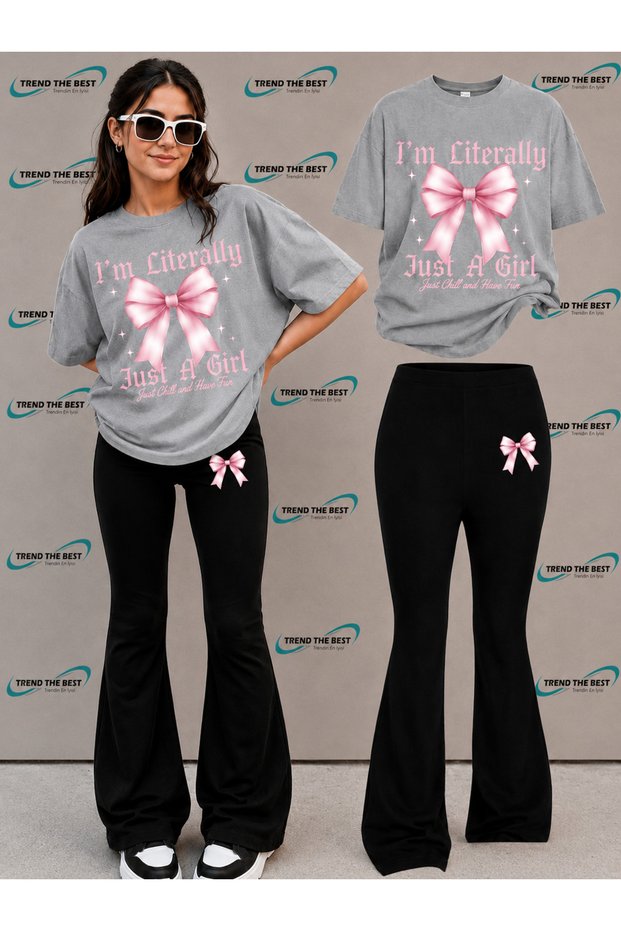 Summer Black Spanish Flared Pants and T-Shirt, I'M Just a Gırl Pink Big Ribbon Print Design Kids Girls Set
