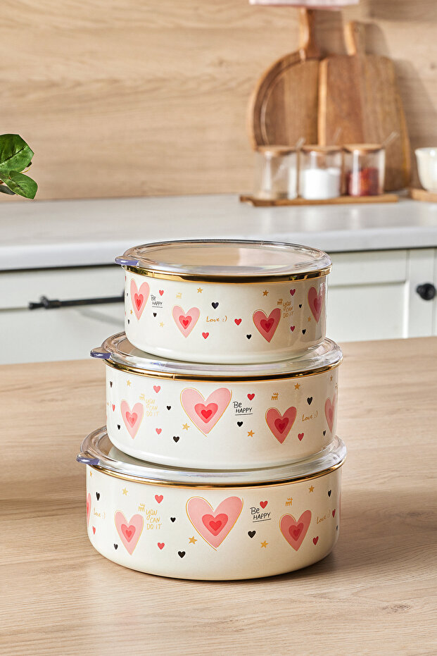 Pink Love Enamel 3-Piece Storage Container Set with Heart Detail