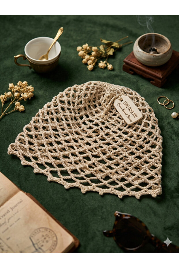 Marsela Hand-Knitted Mesh Beret Hat>Mesh Hat with Pul Detail>Hair Accessory