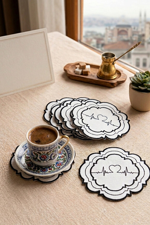 6 Pieces Double Row Black Embroidered Rhythm Model Dowry Box Coffee Napkins Cocktail Presentation Napkins