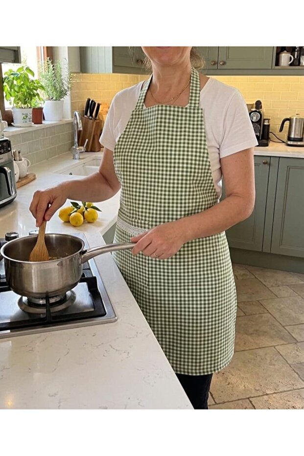 Duck Fabric Kitchen Apron Plaid Green Pattern