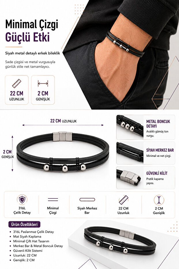 Black Leather Steel Men's Bracelet Sport Style Daily Use