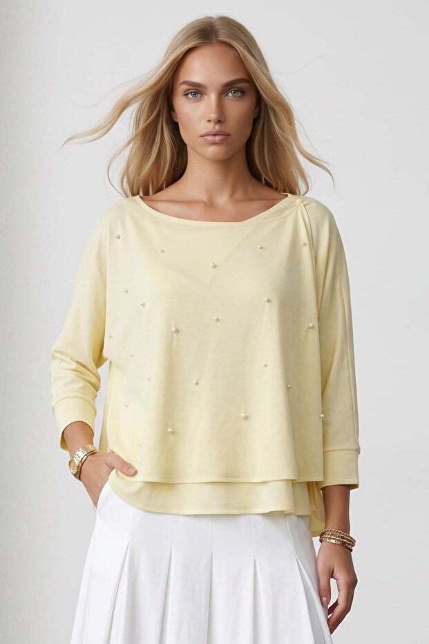 Women's Yellow Wrap-Cut Pearl Detailed Flowy Blouse Alc-X15533