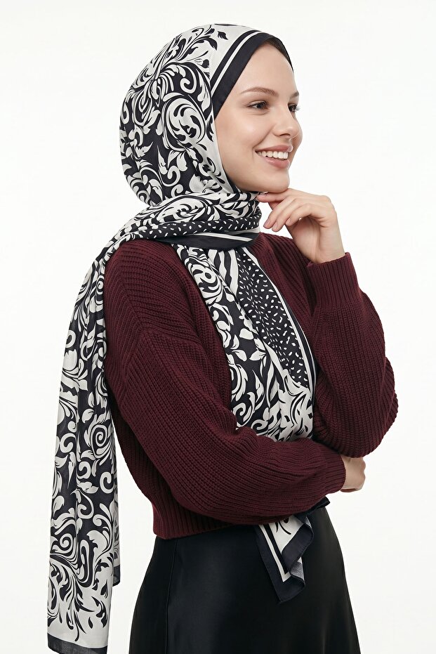 Ethnic Floral Pattern Black-White Soft Cotton Shawl