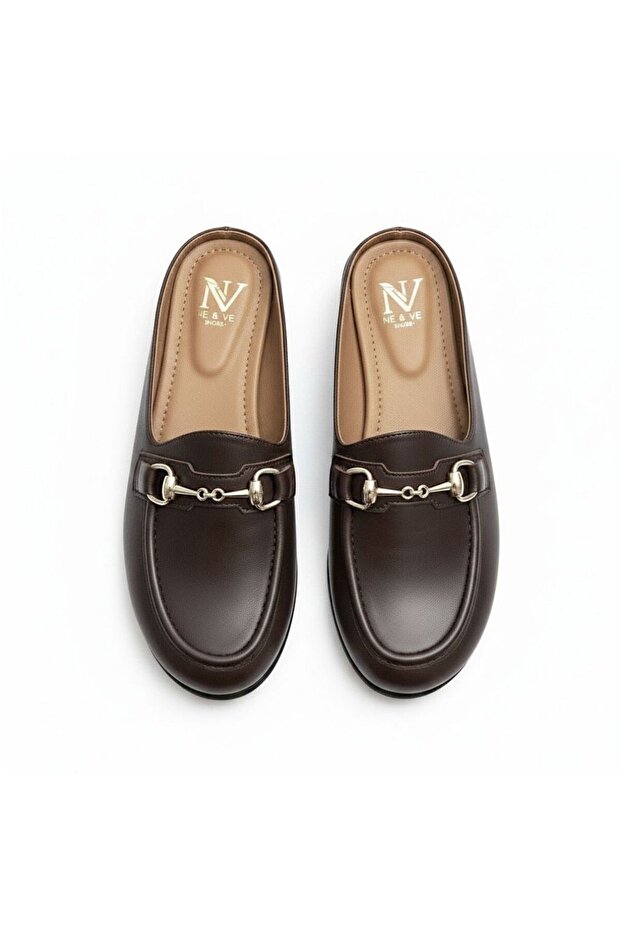 Brown Leather Buckle Women's Sabo Slippers