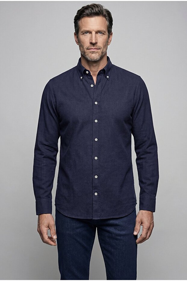 Navy Blue Regular Fit Pocketless Dark Studio Long Collar Shirt