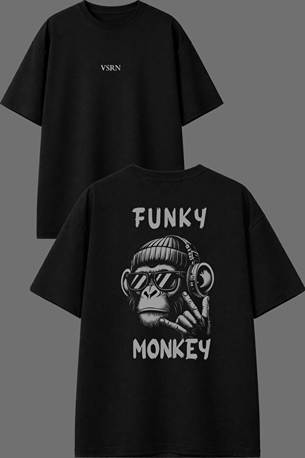 Fnky Monkey Design Front and Back Printed Black Oversize T-Shirt