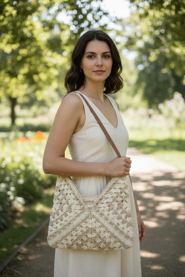 Hand Knitted Straw Bag with Lining