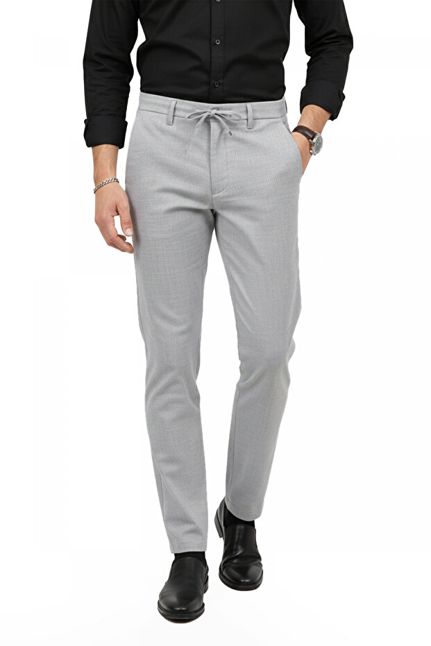 Men's Dark Gray Lycra Slim Fit Stylish Fabric Trousers with Elastic Waist & Drawstring 2600572