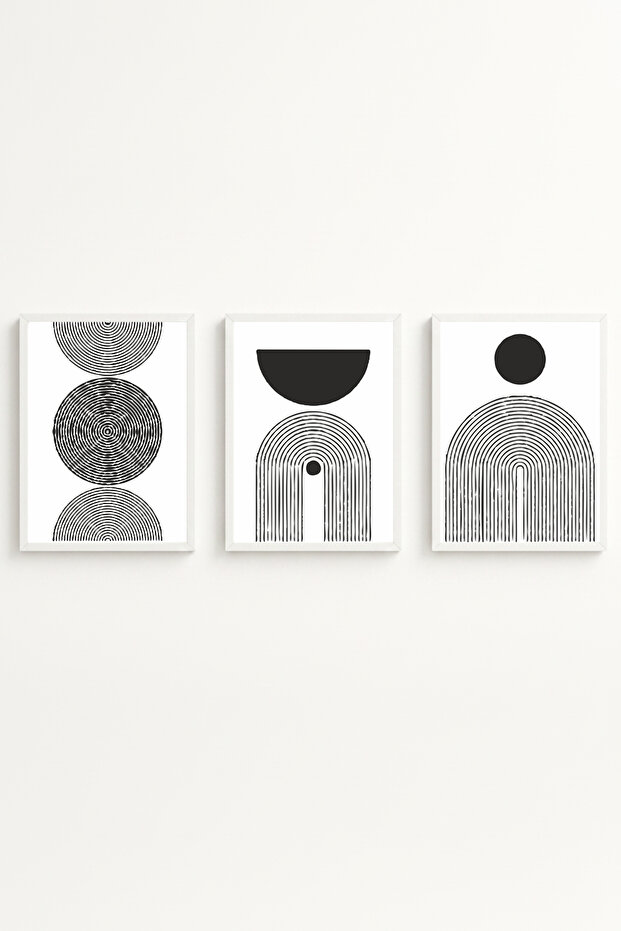 Wooden Framed Minimalist Triple Painting - Living Room Wall Decoration Huhu163 - Triple Painting Set White Frame