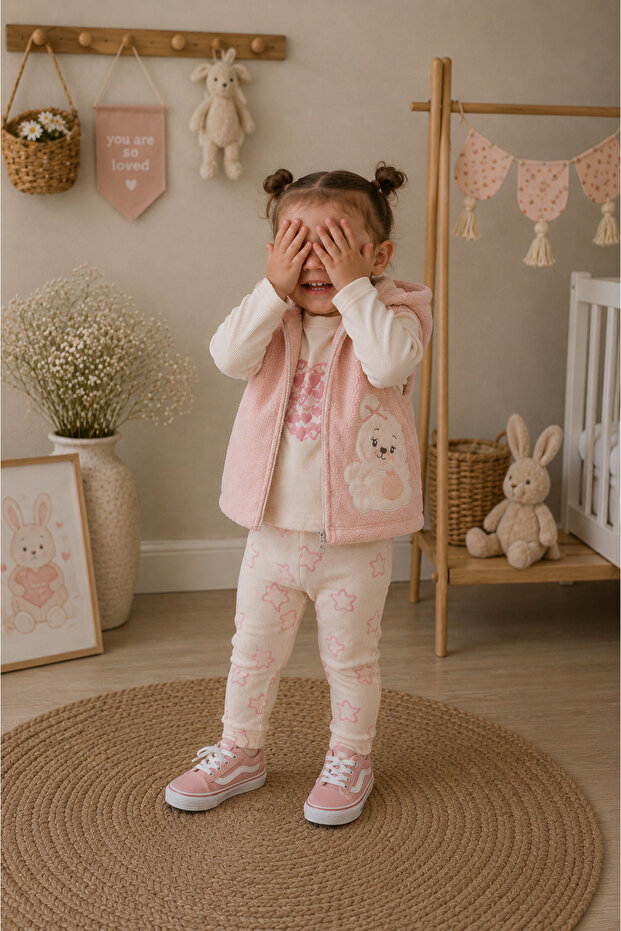 Teddy Bear Detailed Vest and Pants Girls' 3-Piece Set