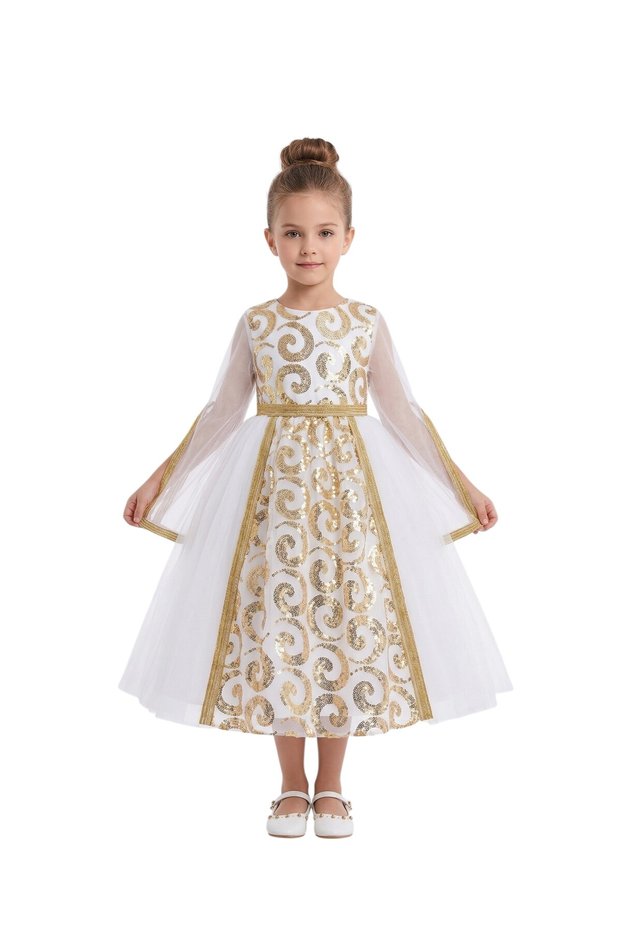- Girls’ White and Gold Embroidered Jalabiya - 3Y to 10Y