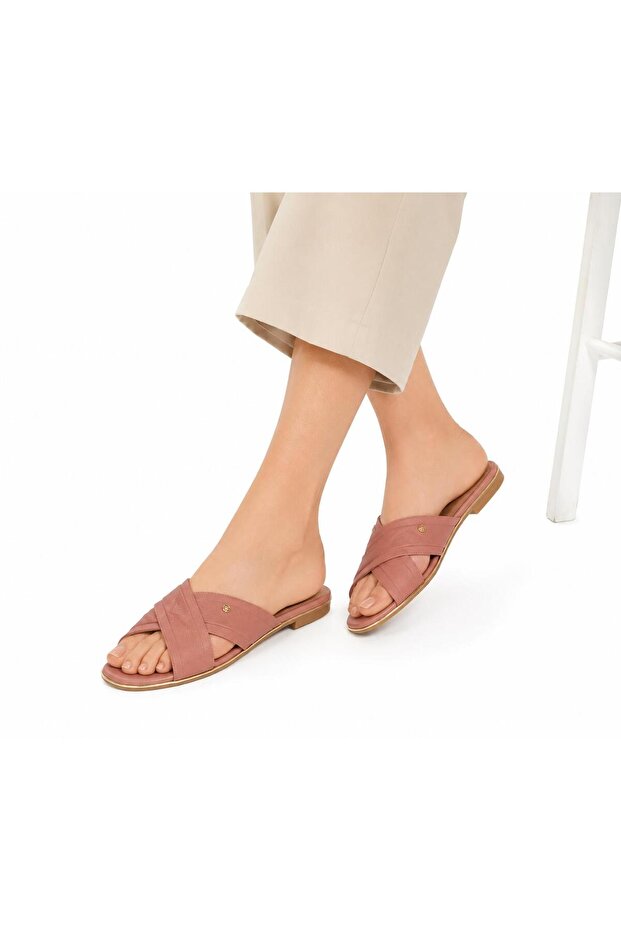 Women’s Flat Slide Sandals – Cross Strap Open Toe Casual Slippers – Pink – Sizes 36-41