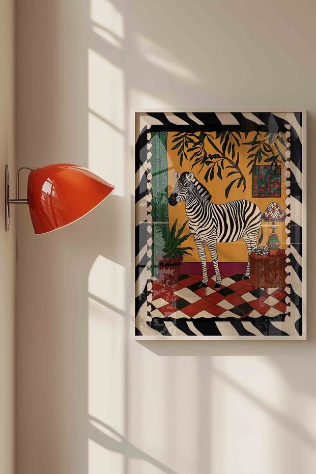 Maximalist Zebra and Chess Background Dopamine Decor - White Framed Painting