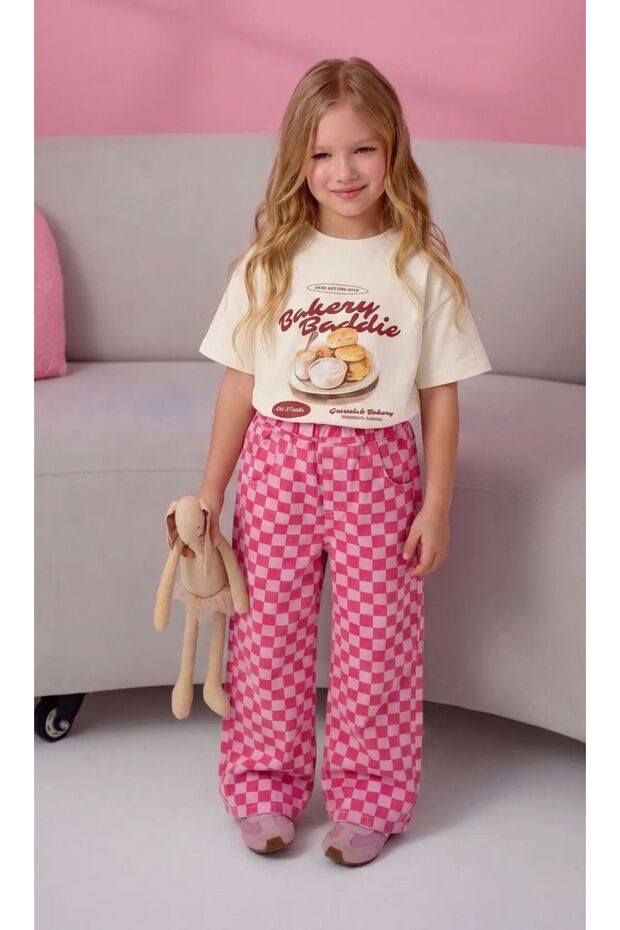 Girl's Bakery T-Shirt + Pink Checkered Pants Set