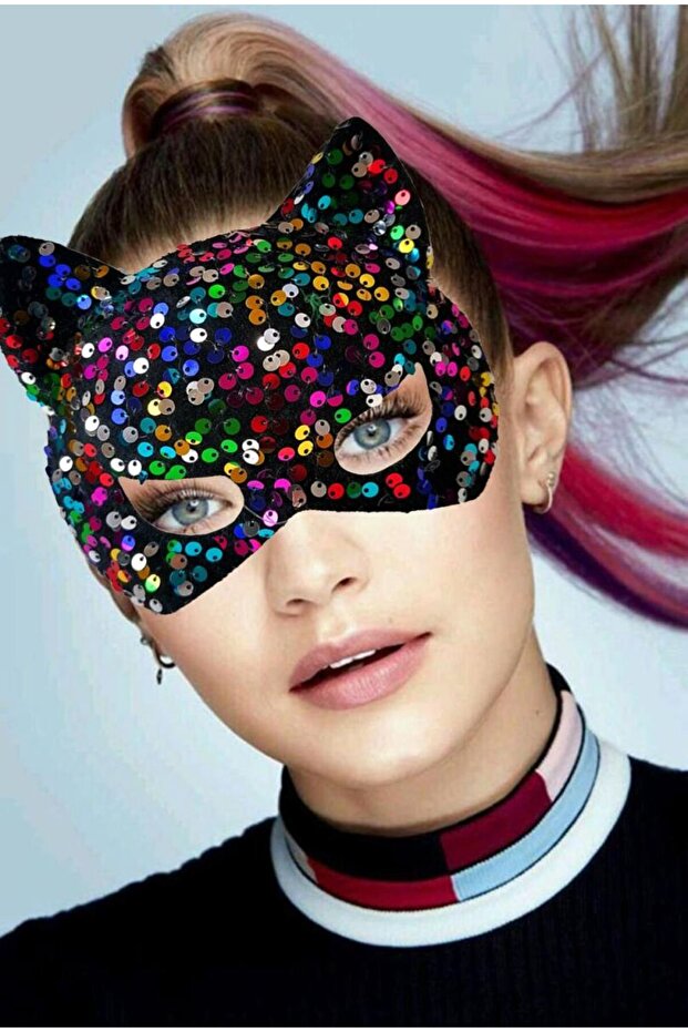 Colorful Sequined Sequin Party Mask on Black Velvet Fabric 16x14 cm