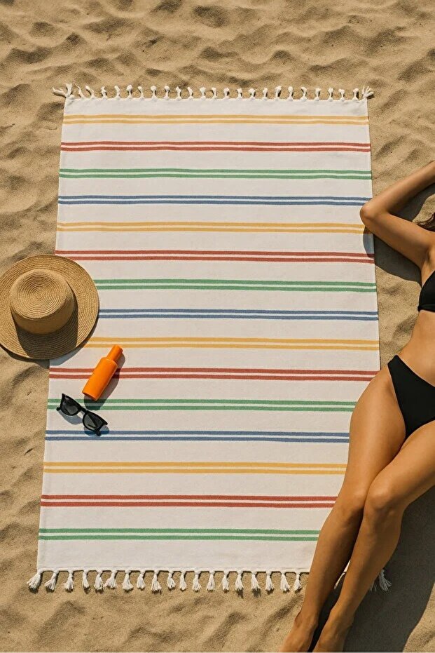 Premium 100% Cotton Striped Unisex Beach Towel High Water Absorbency Soft Textured
