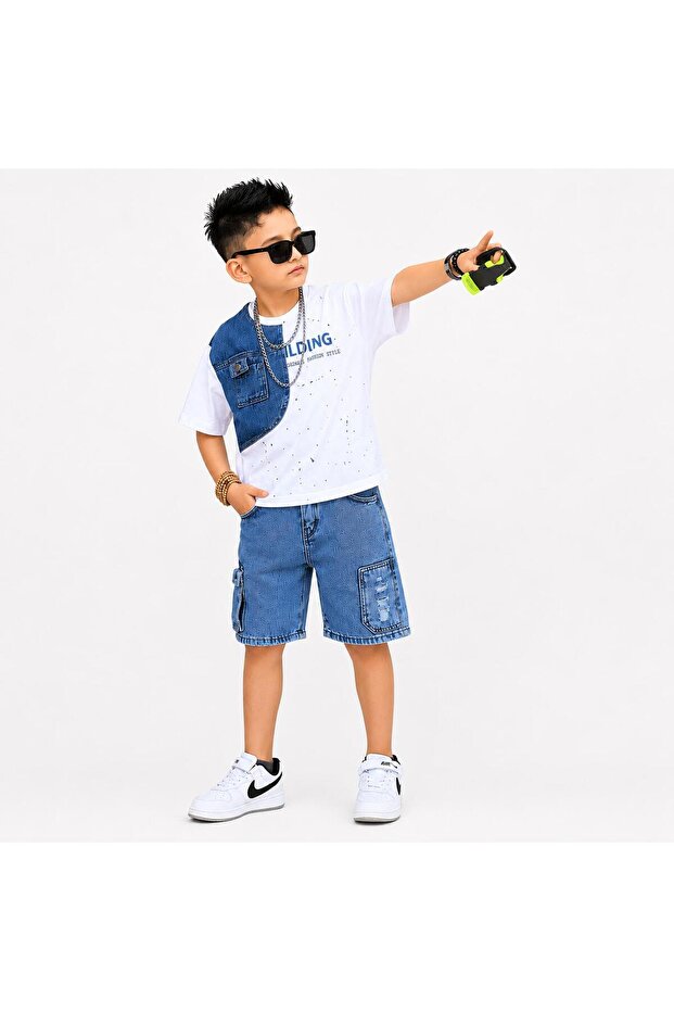 Boy's Printed and Embellished Denim Shorts Set 4-12 Years