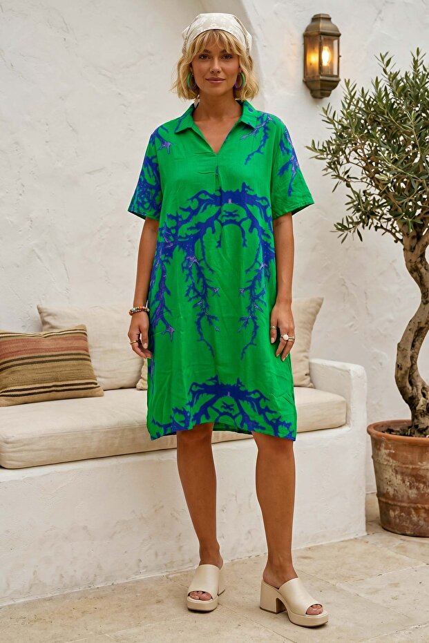 Blue-Green Shirt Collar Short Sleeve Patterned Casual Viscose Woven Dress 105 62