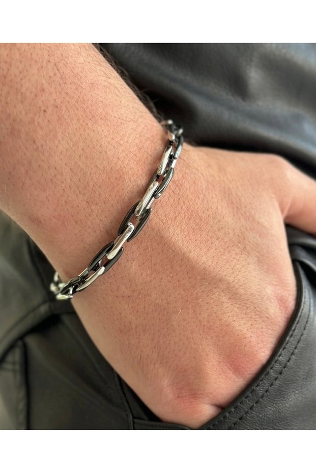 Steel Men's Bracelet - Modern Design Silver and Black Two-Tone Paperclip Model Chain Bracelet