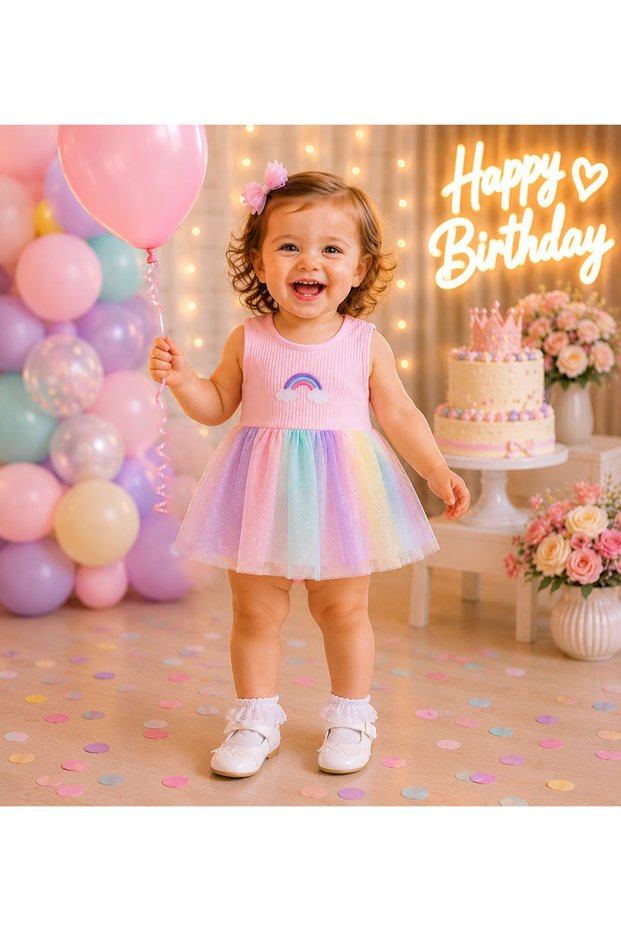 Baby Girl Colorful Tulle Dress Rainbow Patterned Summer Wedding Birthday Tutu Dress 6 12 18 Months