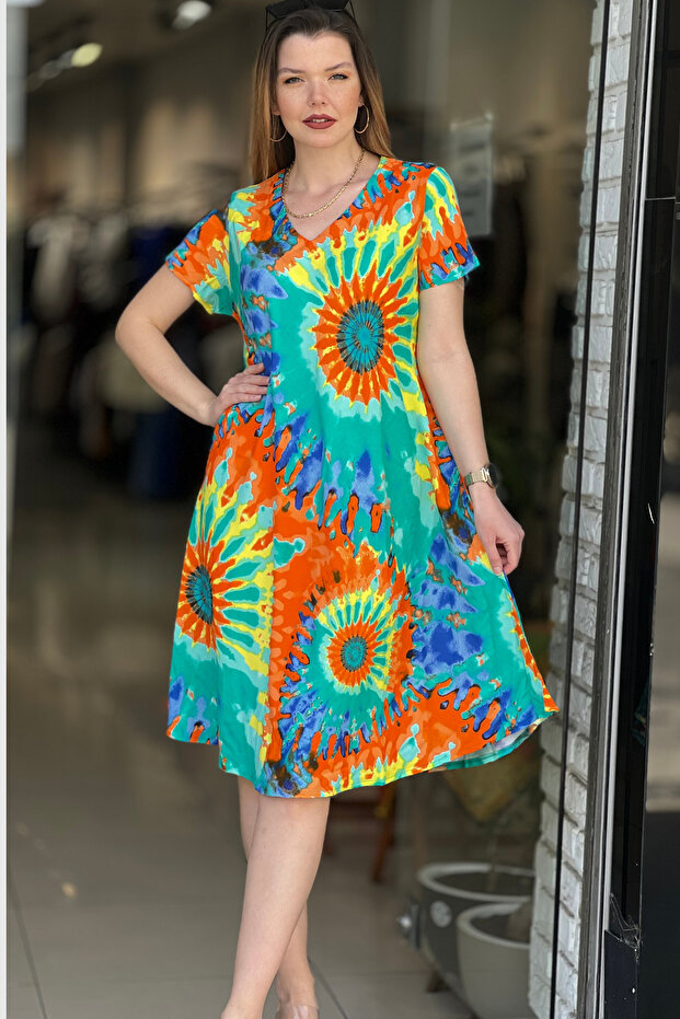 Women's Patterned Short Sleeve V-Neck Dress