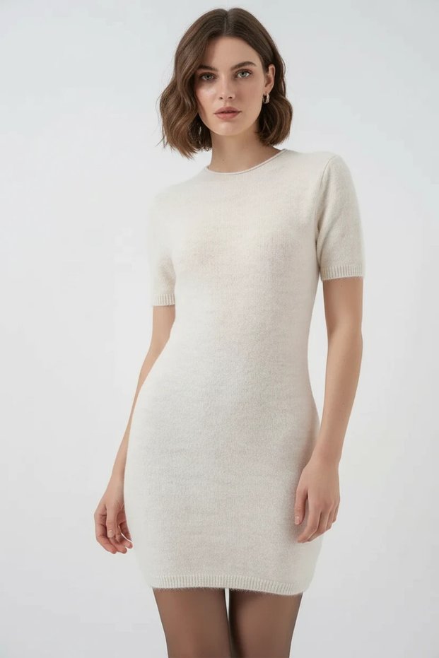 Women's Short Sleeve Knitwear Cream Dress