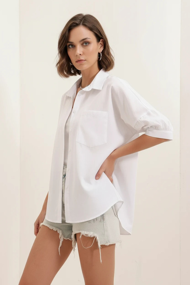 Women's Short Sleeve Basic Oversize Cotton White Shirt