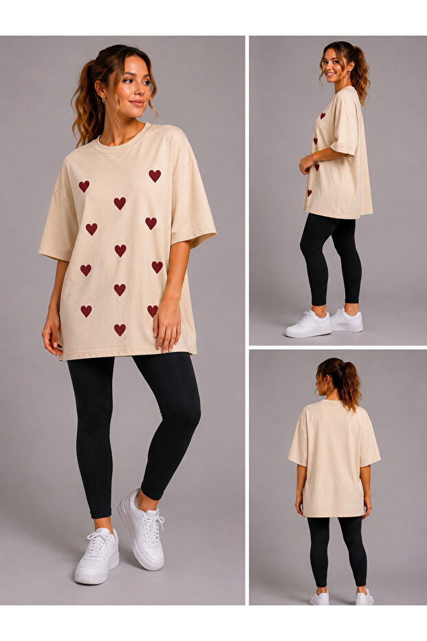 Trend Women's Woven Fabric Heart Printed Overasize T-Shirt Blouse
