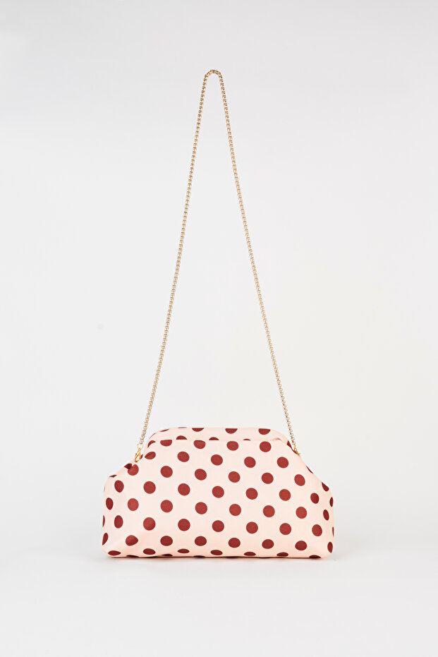 Women's Nehir Cream-Tan Polka Dot Lined Handbag and Shoulder Bag with Removable Chain Strap