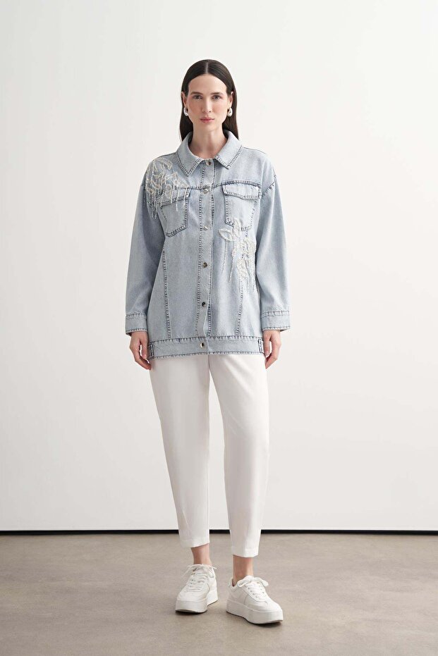 Premium Beaded Tasseled Denim Jacket - 1