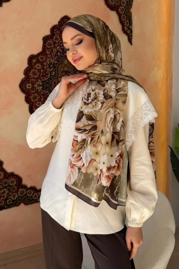 Khaki Floral Patterned Soft Shawl