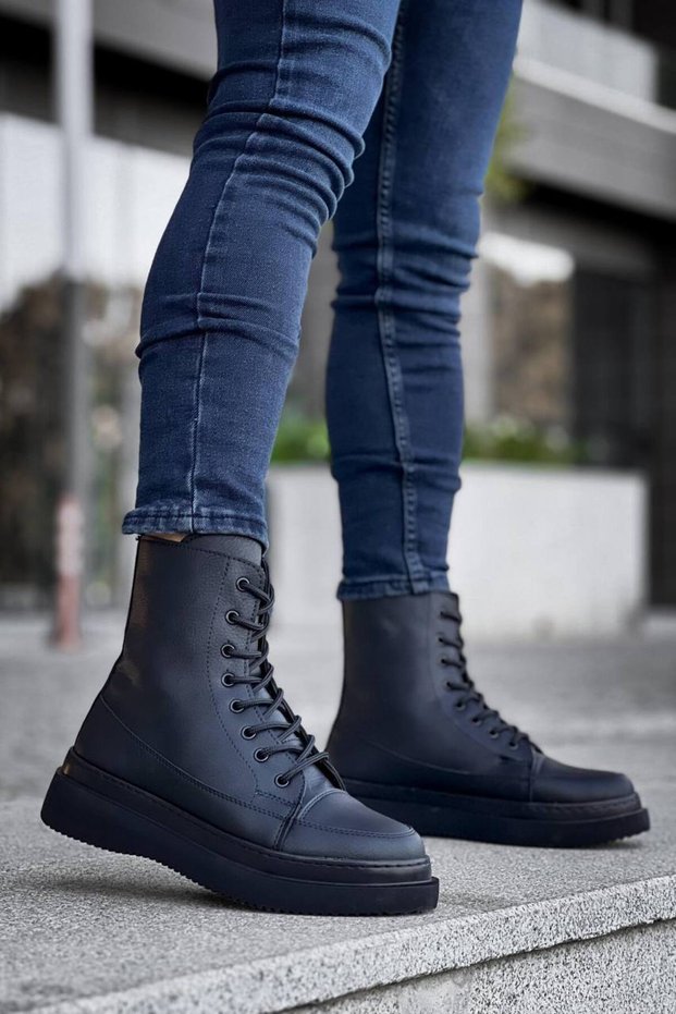 Kb-0991 kuback black leather high sole lace-up postal boots