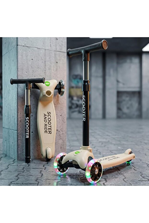 Tronix Skate Scooter for Kids with LED PU Wheels, 3 Wheel Kick Scooter (Beige)