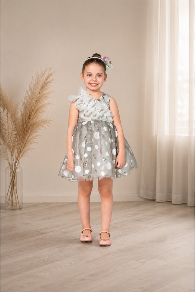 Girl's Gray Polka Dot Tulle Evening Dress – Special Occasion and Birthday Dress