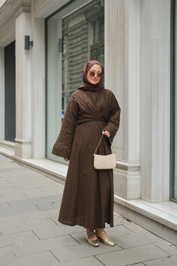 Women's Waist-Tie Linen Dress Brown