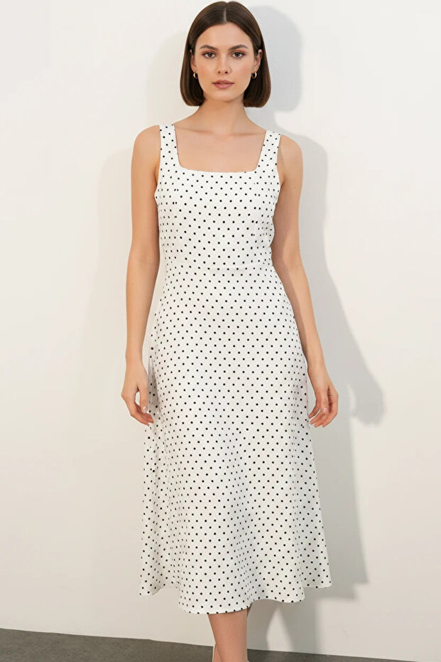 Women's Square Neck Polka Dot White Dress