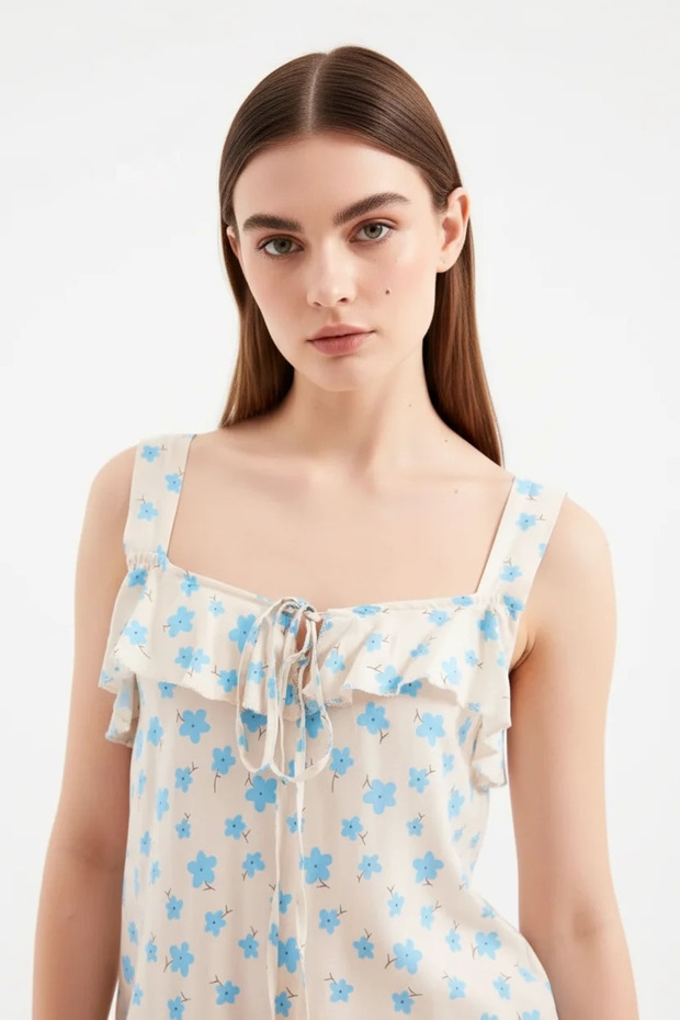 Women's Strappy Floral Patterned Viscose Blue Dress