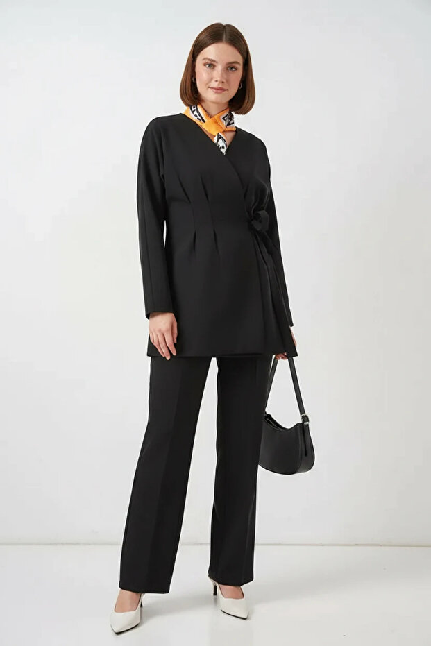 Women's V-Neck Side Tie Black Two-Piece Set