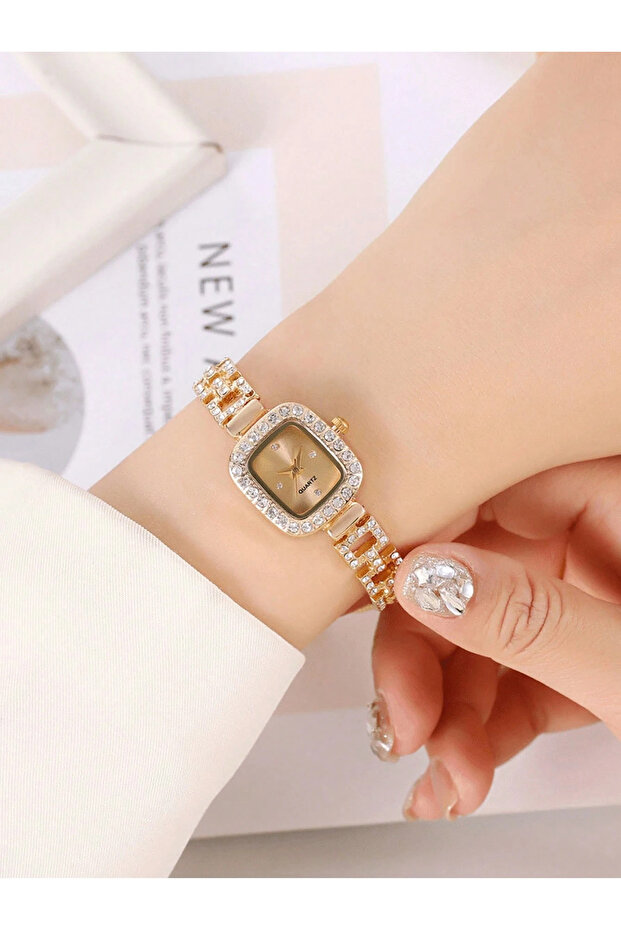 Elegant Women's Gold Square Case Watch with Rhinestone Dial Scale Square Bezel and Adjustable Chain Quartz Style