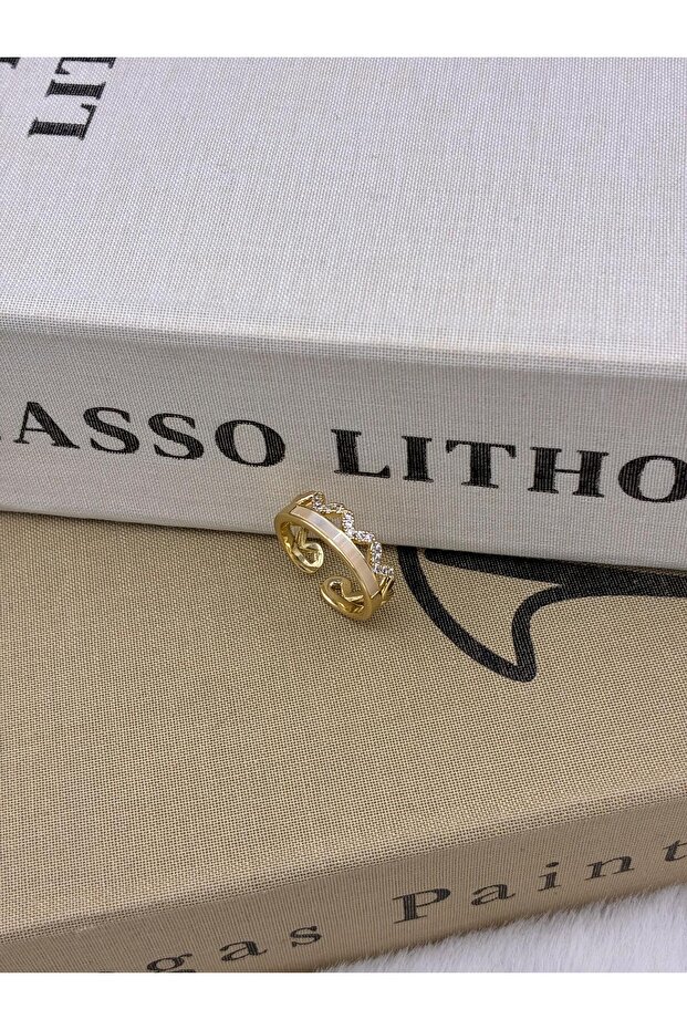 Gold Color Cream Pearlescent Zigzag Detailed Adjustable Minimal Brass Ring